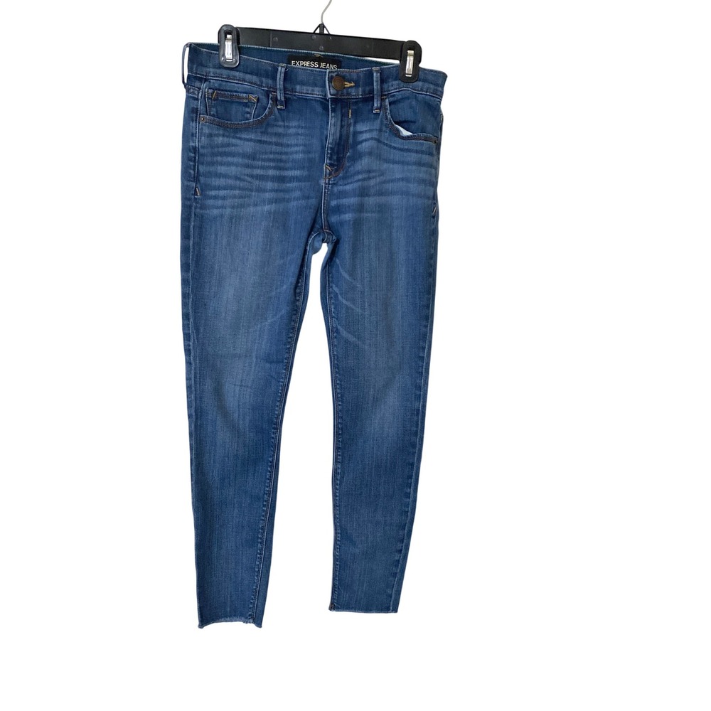 Express Jeans Women's Skinny Ankle Legging Medium Wash Raw Hem Denim Blue Size 8